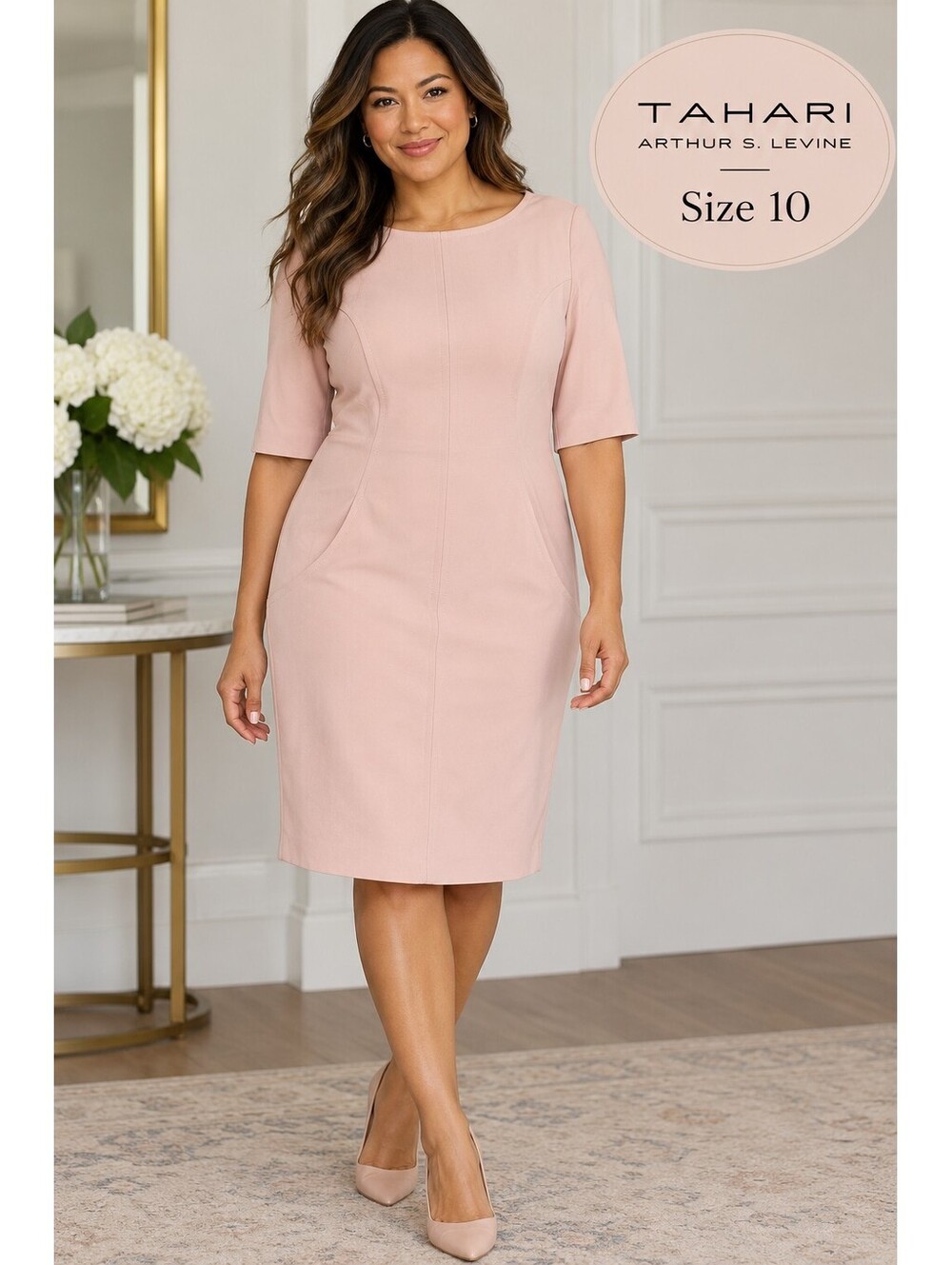 Tahari | 10 | Blush Pink Elbow Sleeve Sheath Dress with Pockets